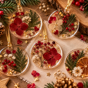 Suspensions de Noël rondes en résine transparente, décorées de fleurs séchées rouges, de feuillages verts et de paillettes dorées