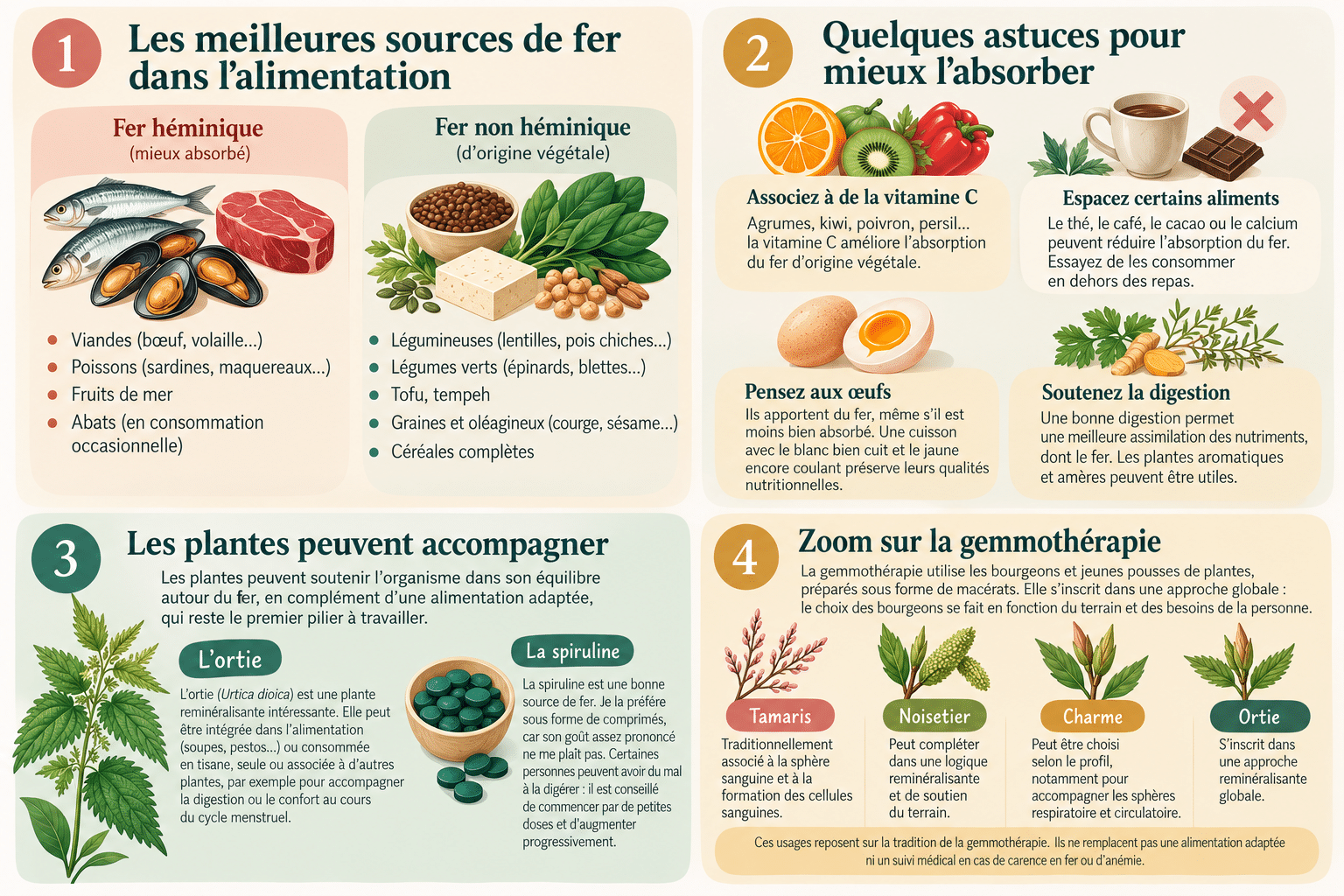 Infographie sur les sources de fer, son absorption et les plantes pouvant accompagner l’alimentation